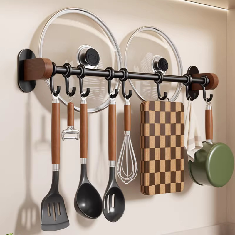 胡桃木厨房挂钩免打孔挂杆锅盖勺子铲子多功能壁挂置物架收纳挂架,收纳整理,挂钩/粘钩,淘宝优惠券,粉丝福利购,淘宝优惠卷