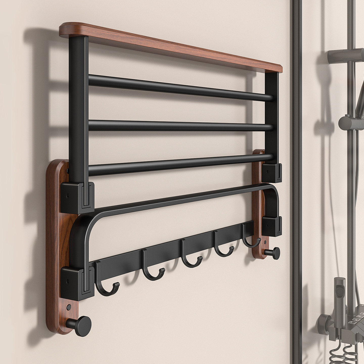 胡桃木毛巾架卫生间免打孔浴巾架