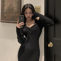 Real auction and real price 2020 new care machine pit strip slim mid length knitted dress for women autumn and winter