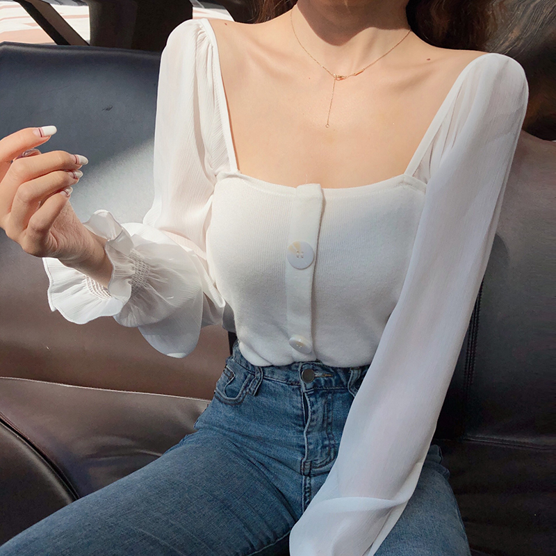 Real photo real price new spring 2020 women's charming solid tight square neck knitted T-shirt