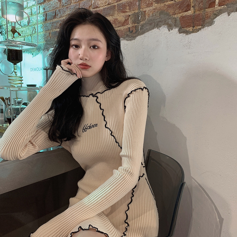 Real shot real price Angel thick embroidery sweater medium length super elastic irregular hem wool dress