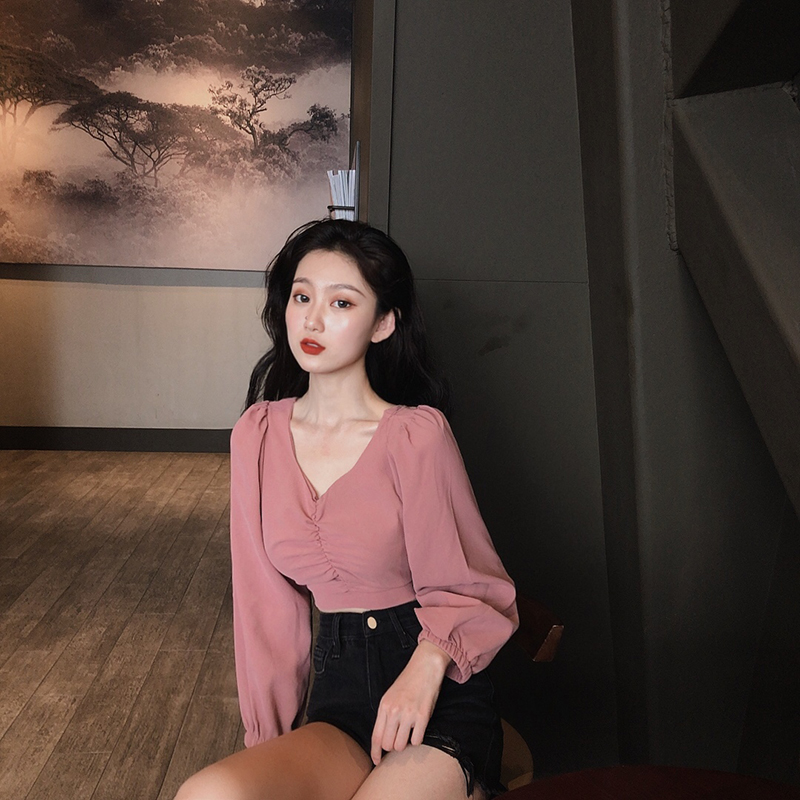 實拍實價春裝新款長袖泡泡袖胸圍收緊設計襯衫