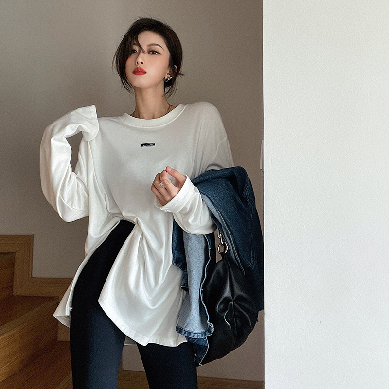 Real price autumn and winter long sleeve split loose bottomed medium length T-shirt for women