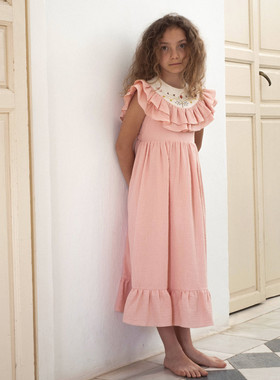 现货西班牙popelin25春夏儿童刺绣褶边连衣裙mod.30 女童纯棉长裙