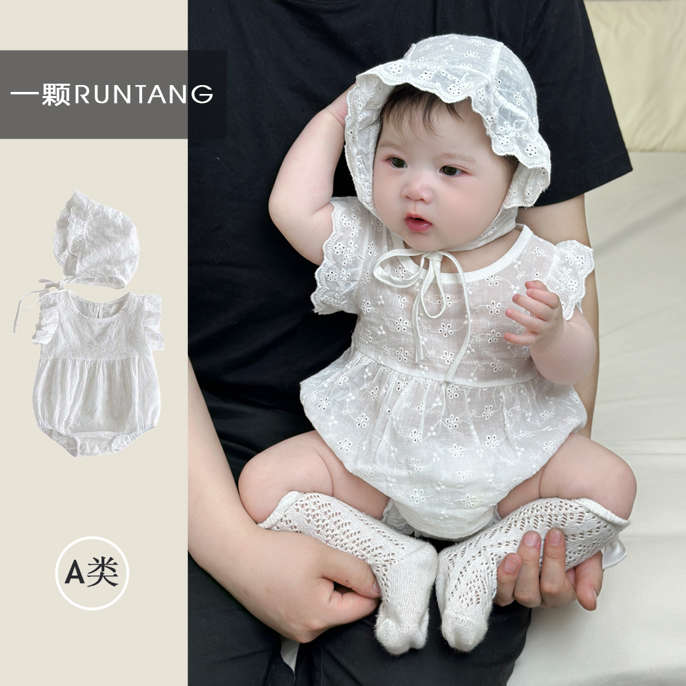 女宝宝连体衣夏季薄款新生儿蕾丝飞袖包屁衣婴儿洋气哈衣爬服送帽