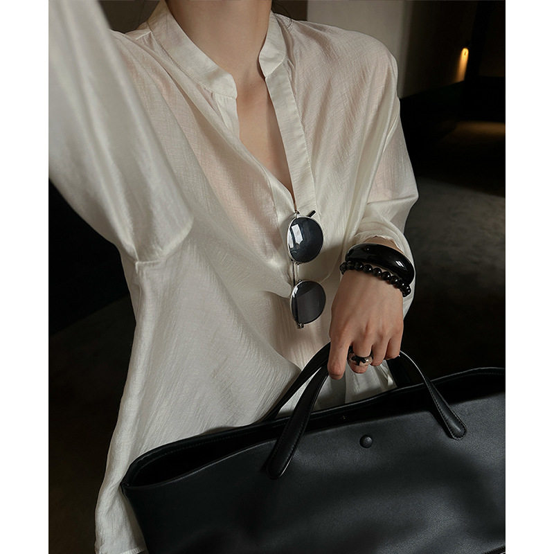 天丝醋酸短袖衬衫高级感小众V领宽松显瘦衬衣上衣女