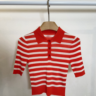 2025年欧洲站深圳早秋新款 纽扣POLO领撞色条纹中袖修身针织衫女