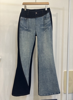 2025年欧洲站深圳秋冬新款 撞色拼接微喇无弹长款牛仔裤裤子