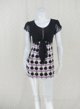 100元2件!钡SION 清仓女夏尚绣花拼接钉珠减龄假两件上衣13S031A