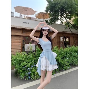 綁帶方領上衣氣質高腰花苞蕾絲半身裙女裝 韓系不規(guī)則修身 實拍