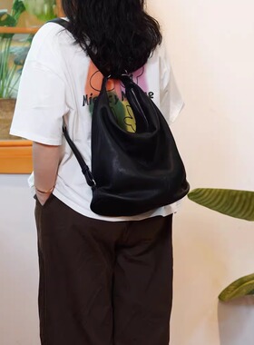 鹿皮多功能双肩背包 塌塌包单肩包女包 时尚休闲百搭黑色小众韩版