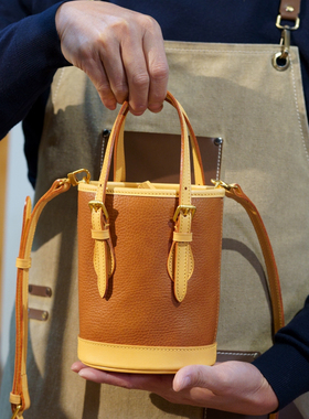 mini小众水桶包中古小水桶女士真皮复古包包植鞣牛皮蜡线缝制女士