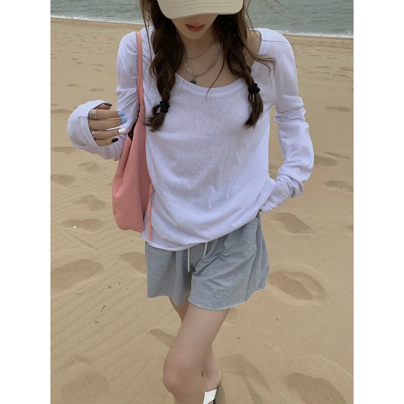 LIL CHER白色长袖U领T恤女春夏薄款韩版宽松内搭中长款打底衫上衣