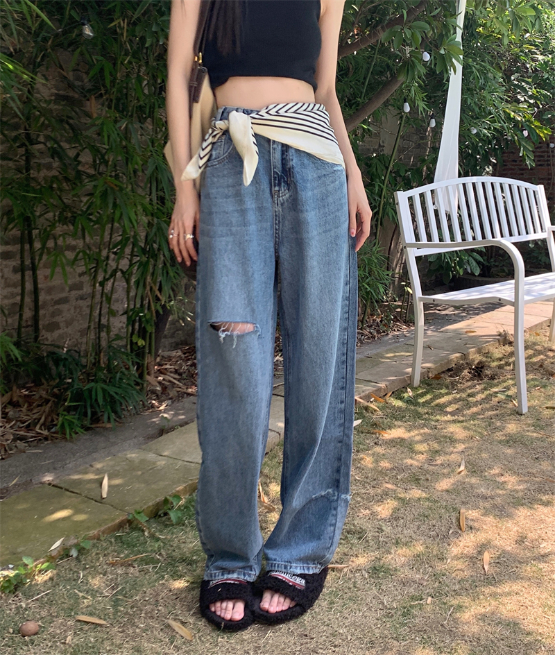 IN choose u笑笑家2022春新款高腰显瘦直筒宽松破洞阔腿牛仔裤女