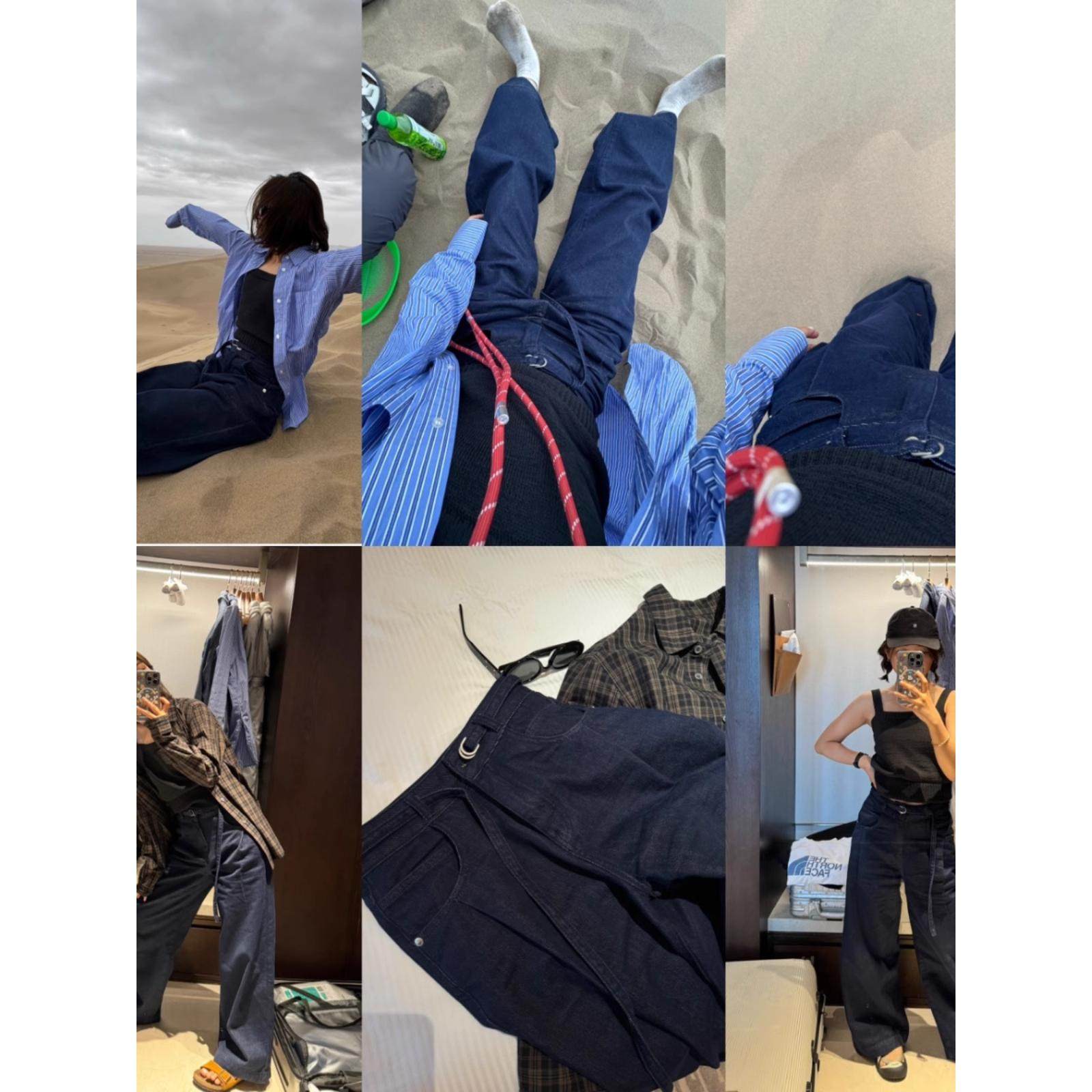 周木木apit深蓝牛仔阔腿裤女24秋季新款高腰小众美式显瘦直筒裤子