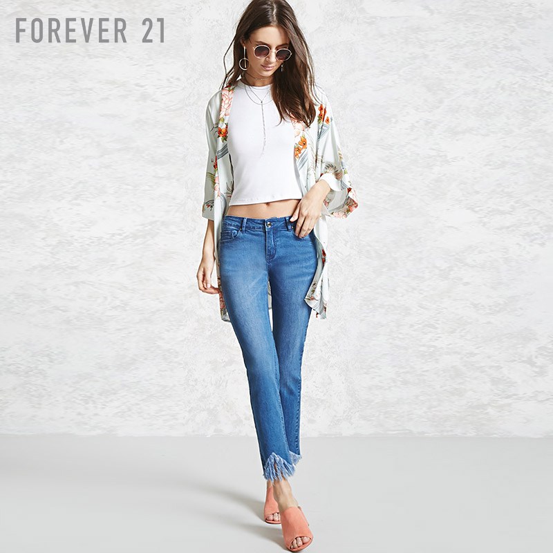 毛边低腰牛仔小直筒长裤 Forever21