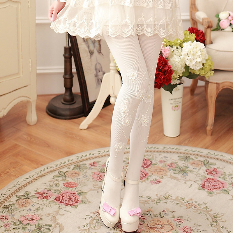 ifashion白色丝袜女日系春秋中厚防勾丝连裤袜花朵甜美学生打底袜