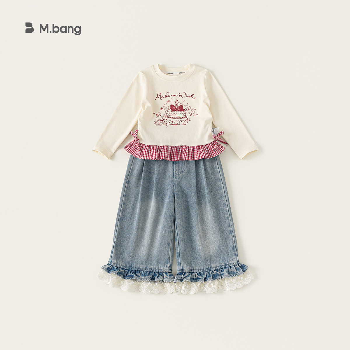 童装春款女孩子花边长袖牛仔裤儿童两件套阔腿裤女童套装80-140