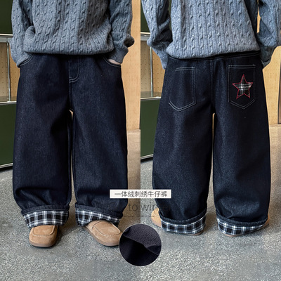 男童冬款加绒格子卷边牛仔裤