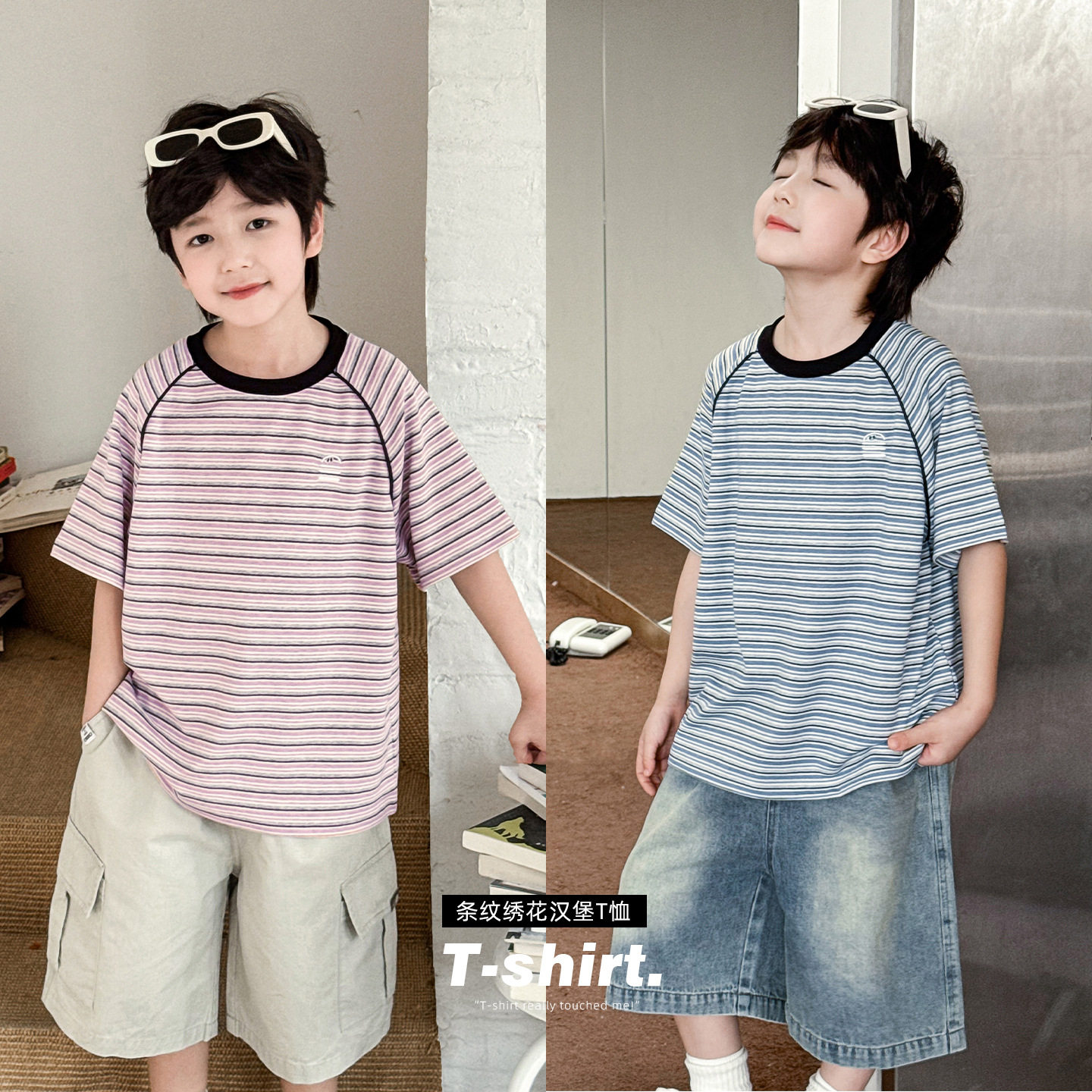 男童夏款韩版汉堡刺绣拼色圆领宝宝T恤条纹轻薄儿童短袖90-150