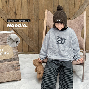 90-150CM男童冬季新款时尚小狗印花个性口袋加绒加厚圆领儿童卫衣