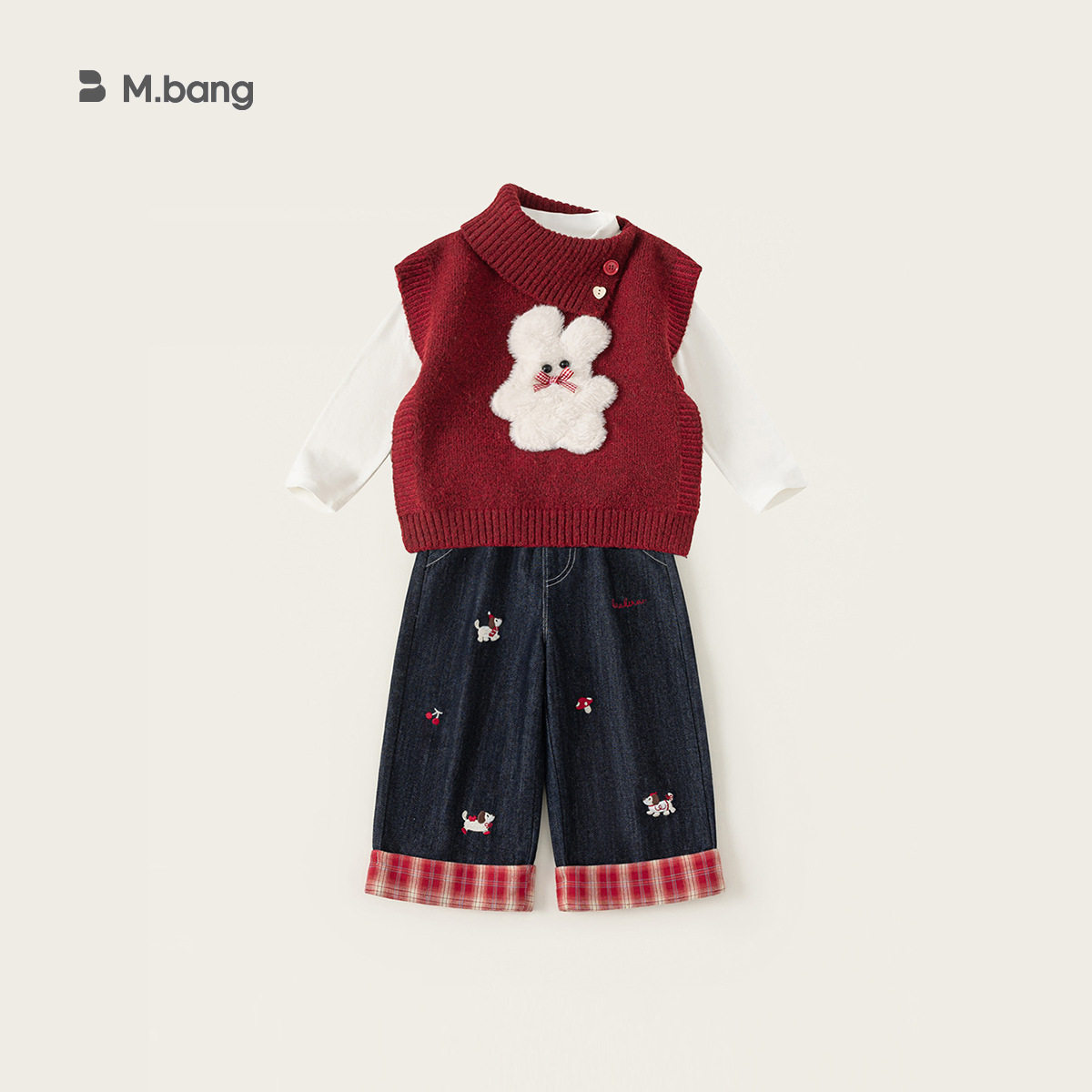 女童春秋套装红色马甲白色打底