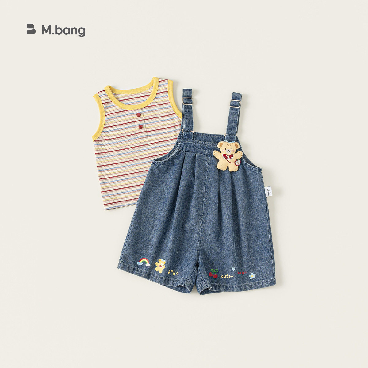 童装夏季彩色条纹背心牛仔背带裤女童两件套短裤儿童套装80-140