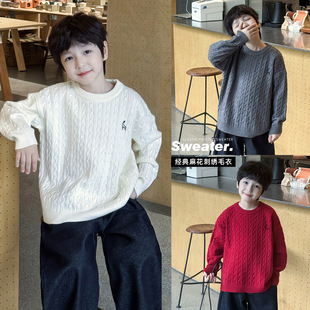 90-150CM男童冬款百搭小鹿刺绣中小童针织衫圆领加厚麻花儿童毛衣