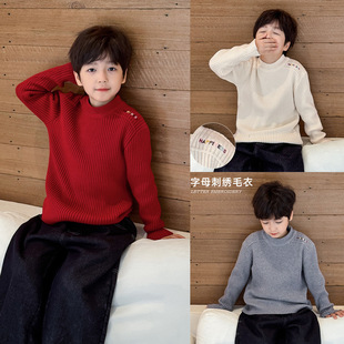 90-150CM男童冬款时尚新年款彩色字母刺绣打底圆领针织儿童毛衣潮