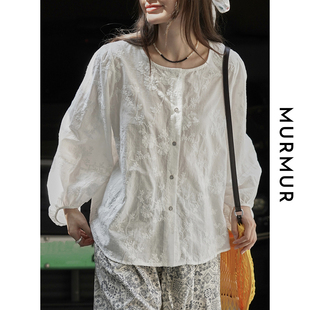 2025夏季文艺风圆领刺绣衬衫泡泡袖衬衣防晒轻薄透气纯棉上衣女
