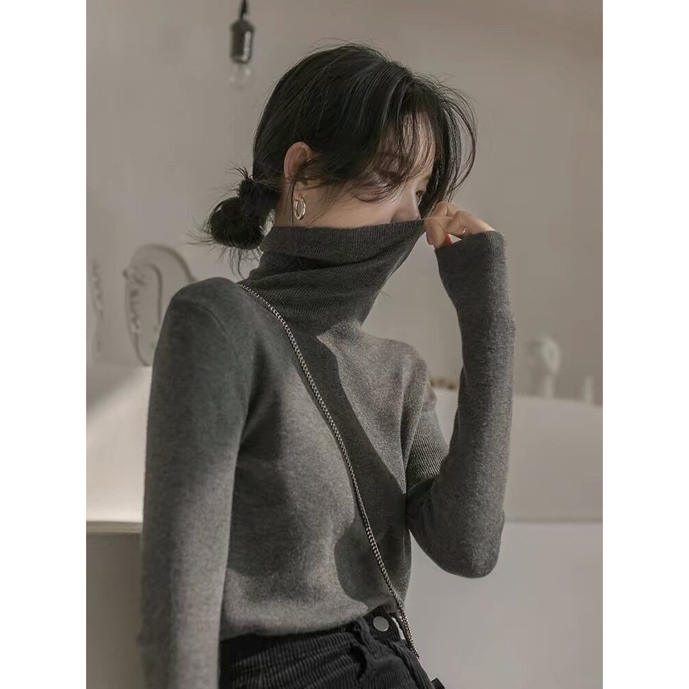 FANYIN泛茵女装灰色高领毛衣无缝山羊绒衫女秋冬内搭修身堆堆领针