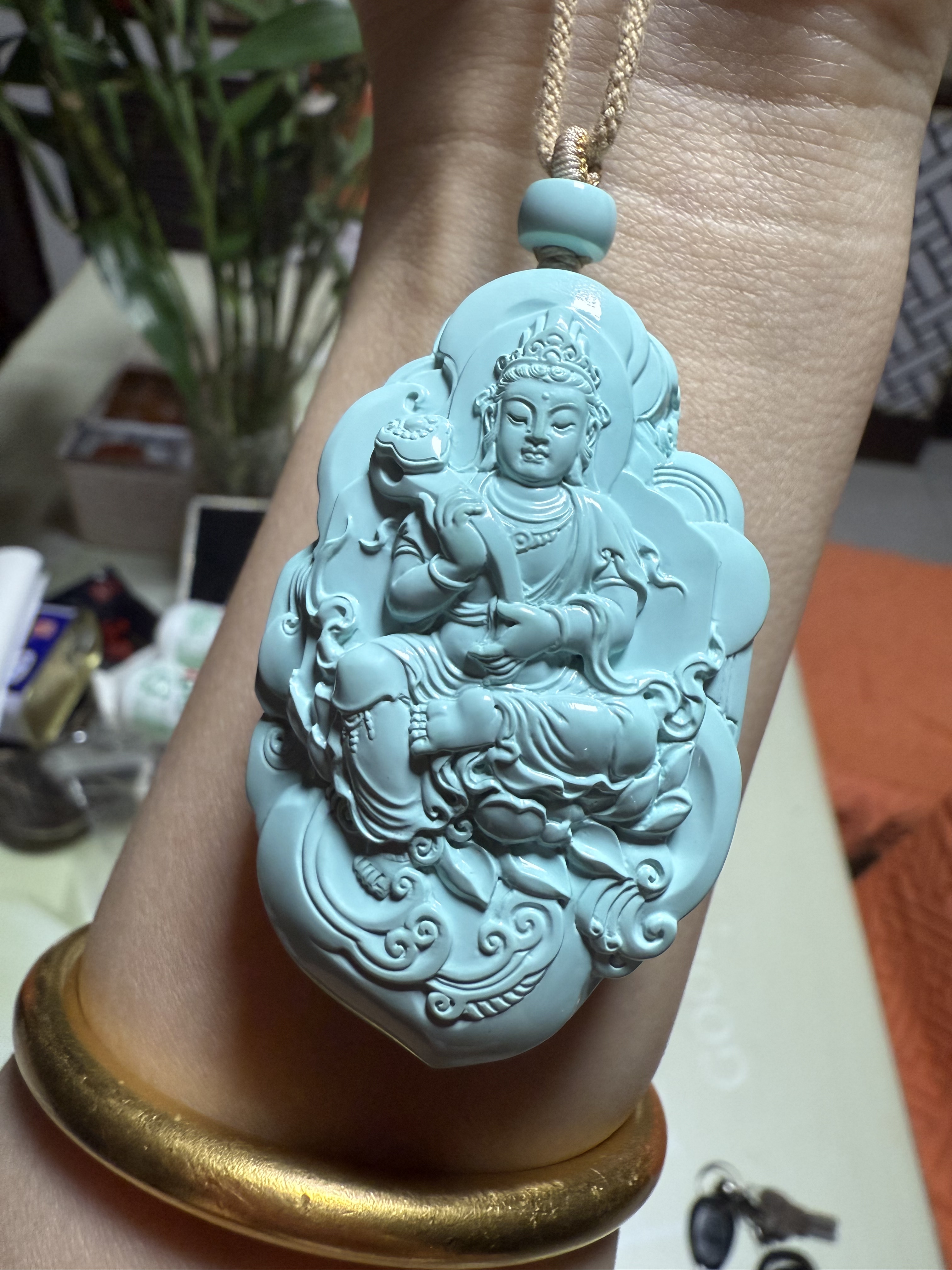 高瓷绿松石普贤菩萨吊坠手把件