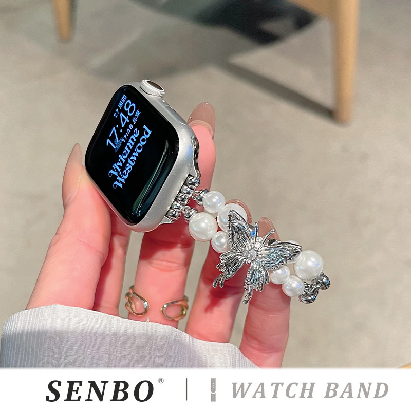 适用s10新款苹果手表带Apple Watch9珍珠蝴蝶链条s8智能表带7/6/5/4轻奢时尚se代女款气质高级感40/41mm夏季