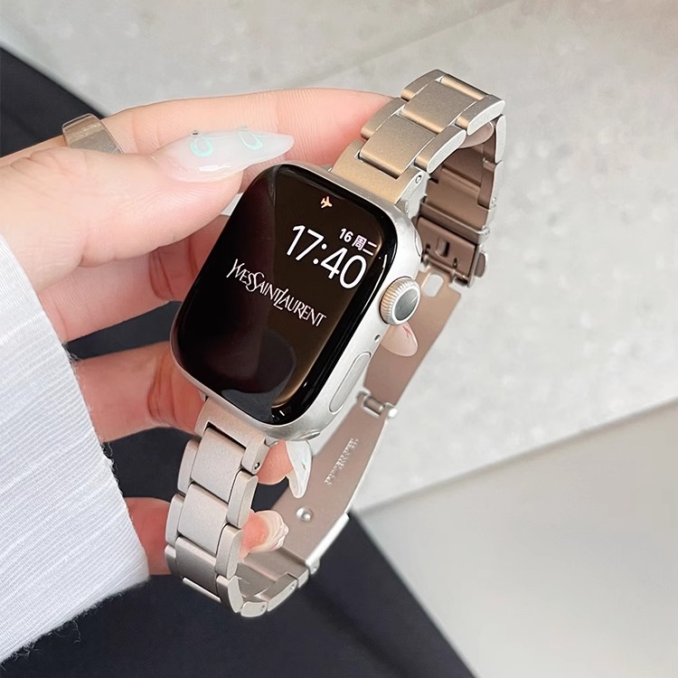 适用iwatch10手表带新款applewatch9表带苹果手表小边三株表带s8/7/6/5代男女款金属se细款夏天42/46mm高级感