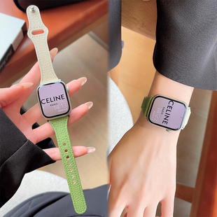 适用apple watchS9苹果手表se/10/11代iwatch8真皮ultra表带watch荔枝纹皮质小众40/41/44/45mm夏天细款女