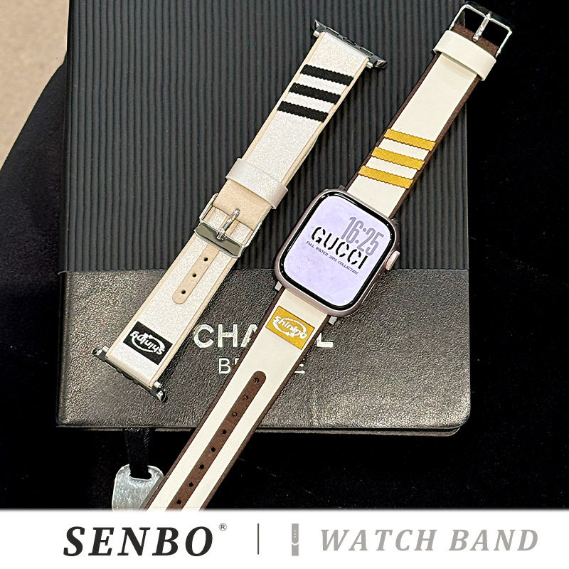 适用applewatch苹果手表带s10运动风复古麂皮表带iwatch9三条杠皮质针扣s8/7/6/5/4/se代男女款夏季时尚高级