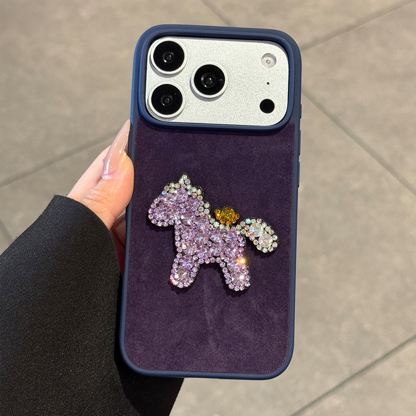 ng2510227 Suitable Phone Case, IPhone 17 Max, Light Luxury High-End Purple Plush Fabric Diamond-Encrusted Ingot And Pony Design,_voghion.com