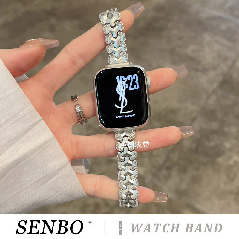 适用iwatch11手表苹果S10表带applewatch9夏季小香风s8/7/6/5金属Y字镶钻se代智能手表ultra满钻女款高端腕带