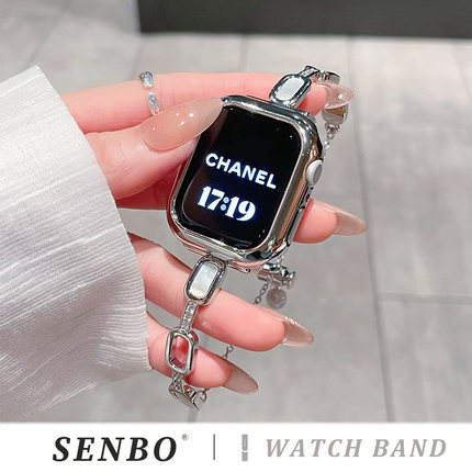 适用s10苹果手表带新款iwatch9方形贝母表带Apple Watch8/7/6/5/4轻奢金属女款se代秋冬时尚41/40mm小众替换