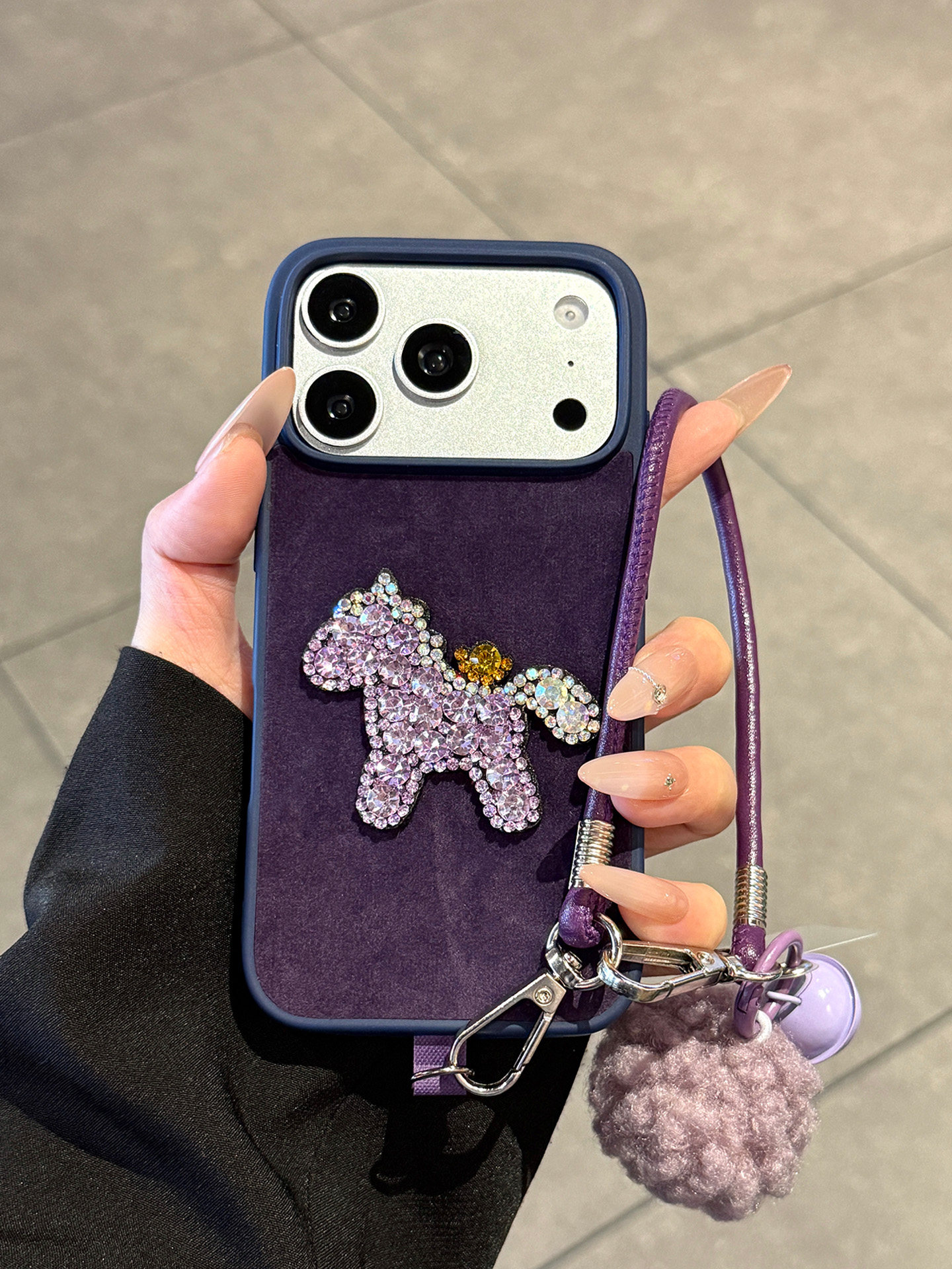 ng2510227 Suitable Phone Case, IPhone 17 Max, Light Luxury High-End Purple Plush Fabric Diamond-Encrusted Ingot And Pony Design,_voghion.com