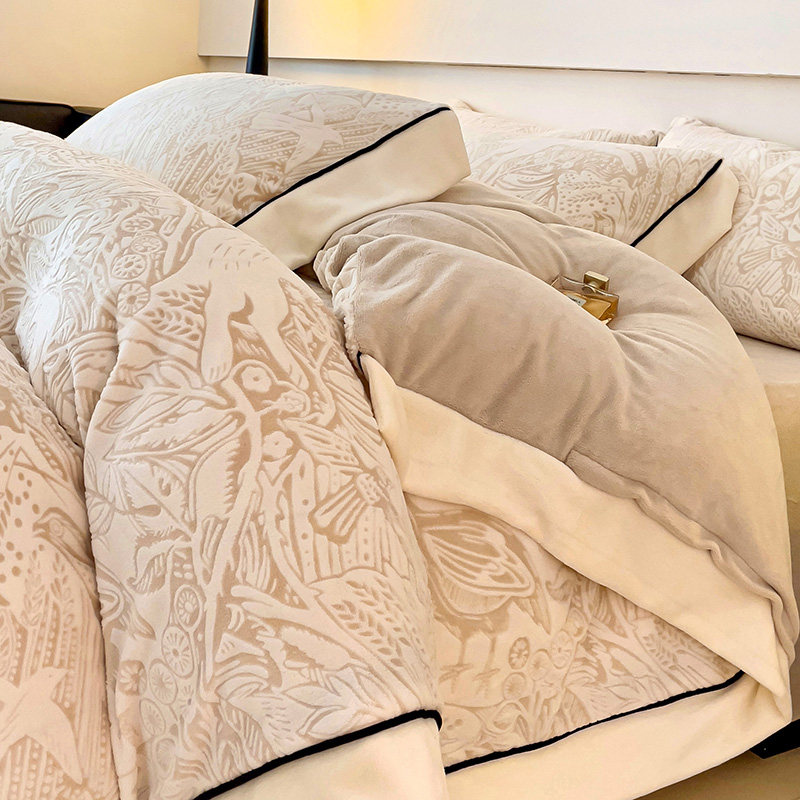 冬季加厚提花牛奶绒床上四件套珊瑚绒加绒床单被套冬天