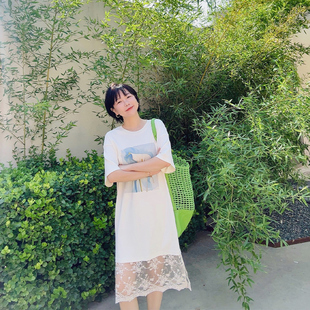 糖皮出品 海芋恋 裙摆蕾丝拼接 纯棉宽松懒人散步连衣裙