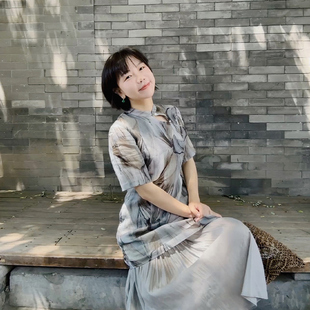 夏季 糖皮出品 不对称双层叠搭 苎麻天丝 国风旗袍连衣裙 砚底墨香