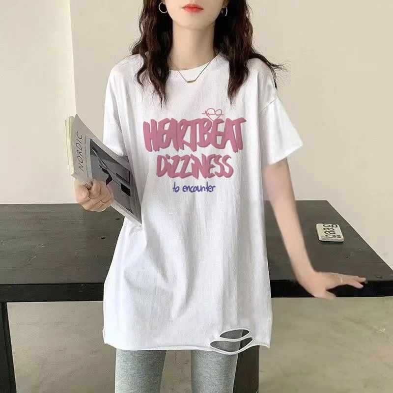 白色纯棉破洞T恤女春夏新款短袖打底衫中长款遮屁股宽松ins上衣潮