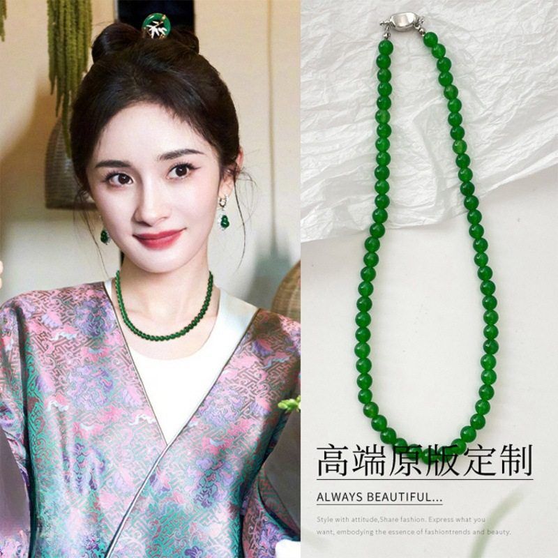 仿水晶圆珠女新中式绿珠项链短款