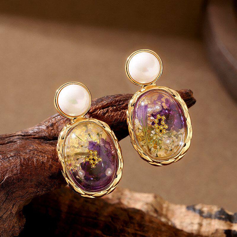 文艺复古中古风紫色干花仿琥珀椭圆珍珠耳环优雅高级感新中式耳饰