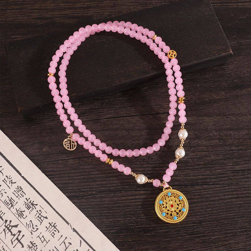 新中式复古八宝罗盘吊坠长款粉色串珠项链女国风汉服旗袍配饰挂件,饰品/流行首饰/时尚饰品新,项链,淘宝优惠券,粉丝福利购,淘宝优惠卷