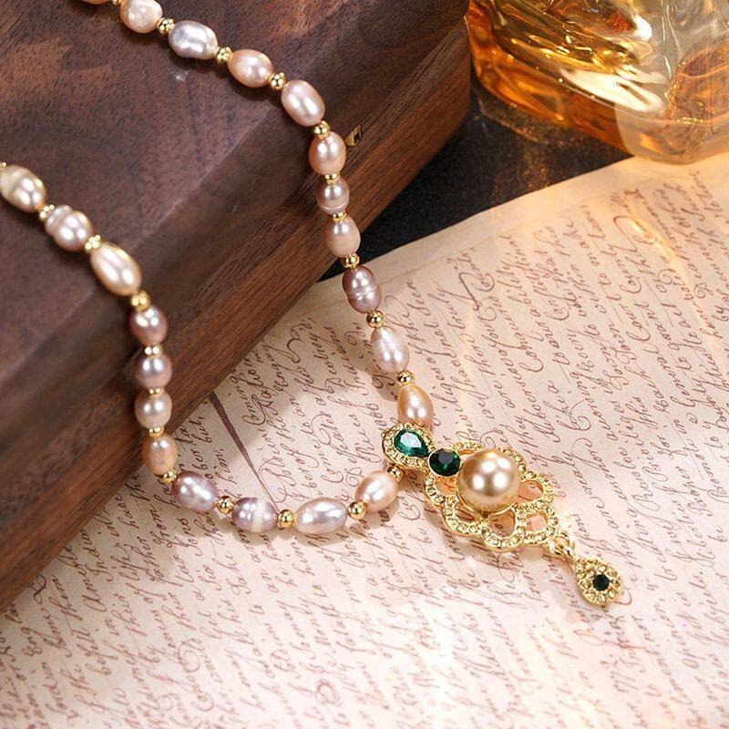 新中式复古淡水彩光珍珠项链短款百搭气质花朵水滴锁骨链女高级感