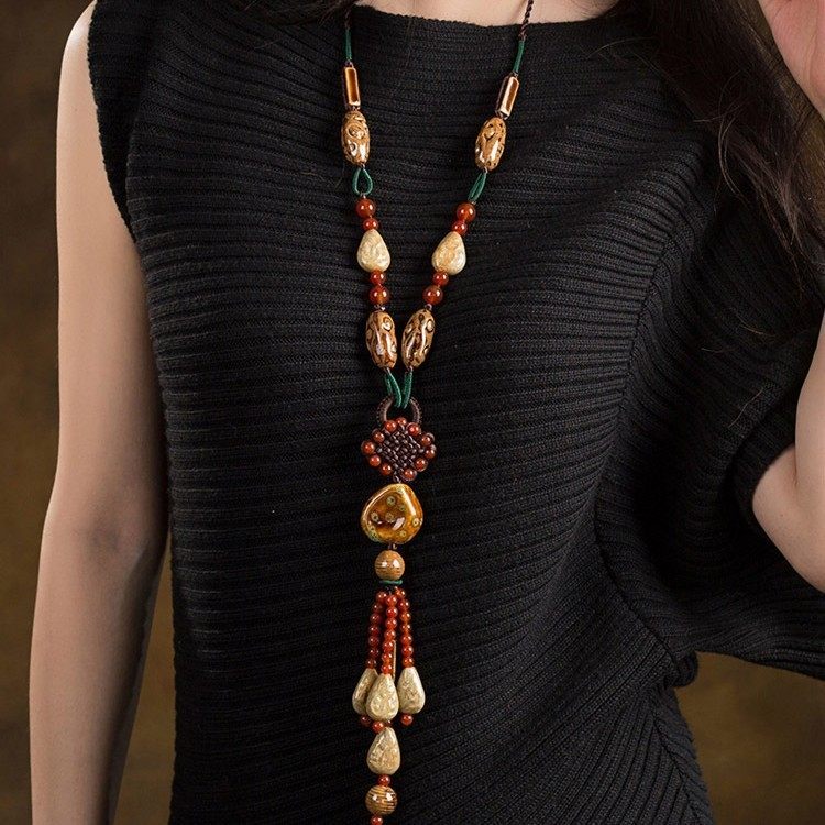 民族风高档陶瓷流苏毛衣链原创设计重工长款中国结项链女手工串珠