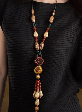 高档陶瓷流苏毛衣链长款女串珠